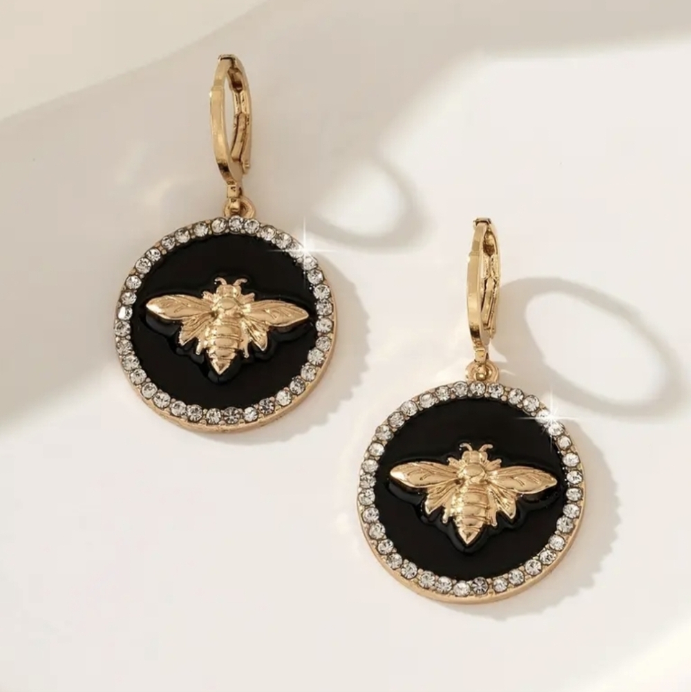 18K Gold Plated Rhinestone Round Bee Earrings